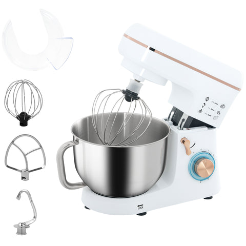 DodiOnline Stand Mixer, 5L Food Mixer for Baking, 6 Speeds and Pulse Setting, 1400W Cake Electric Kitchen Mixer with Dough Hook, Whisk, Stainless Steel Bowl, Splash Guard, Beater, White