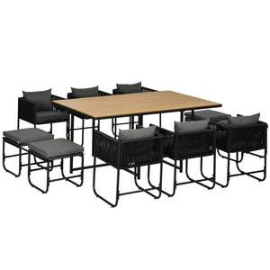 DodiOnline 10 Seater Rattan Cube Outdoor Furniture Set, Rattan Dining Set with Cushions, Outdoor Dining Table and Chairs with 6 Armchairs, 4 Stools, Rectangular Wood Grain Plastic Top Table, Black