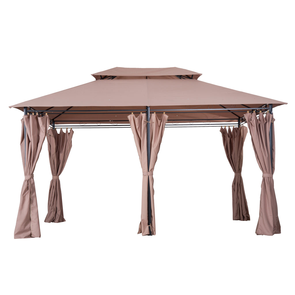 DodiOnline 4m x 3(m)Garden Gazebo, Double Roof Outdoor Gazebo Canopy Shelter with Curtains, Solid Steel Frame for Lawn and Deck, Brown
