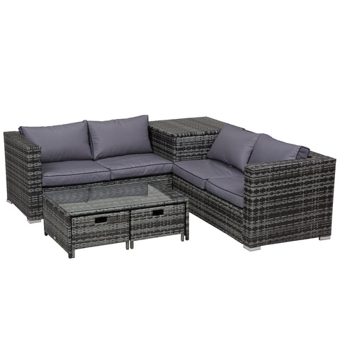 DodiOnline 4 Pcs Rattan Wicker Outdoor Furniture Patio Sofa Storage & Table Set w/ 2 Drawers Coffee Table,Great Cushioned 4 Seats Corner Sofa - Grey