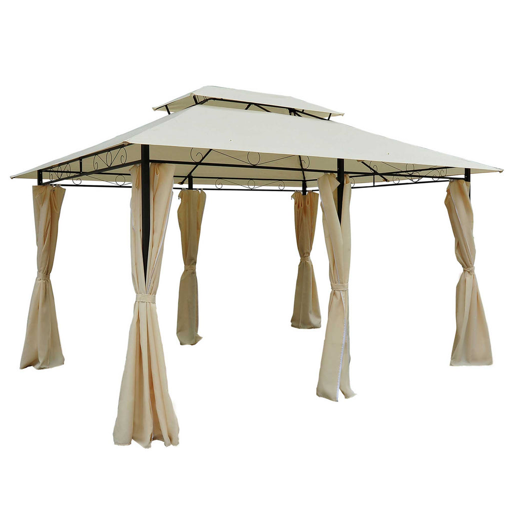 DodiOnline 4m x 3(m)Garden Gazebo, Double Roof Outdoor Gazebo Canopy Shelter with Curtains, Solid Steel Frame for Lawn and Deck, Beige