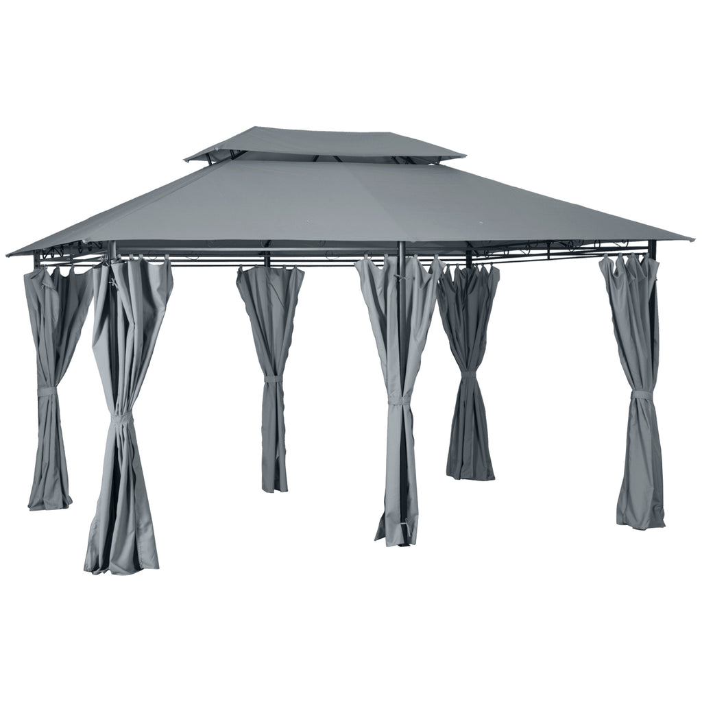DodiOnline 4m x 3(m)Garden Gazebo, Double Roof Outdoor Gazebo Canopy Shelter with Curtains, Solid Steel Frame for Lawn and Deck, Grey