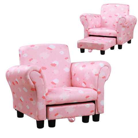 DodiOnline Toddler Chair Children's Armchairs Wood Frame w/ Footrest Anti-Slip Legs High Back Arms for Bedroom Playroom Cute Cloud Star Pink