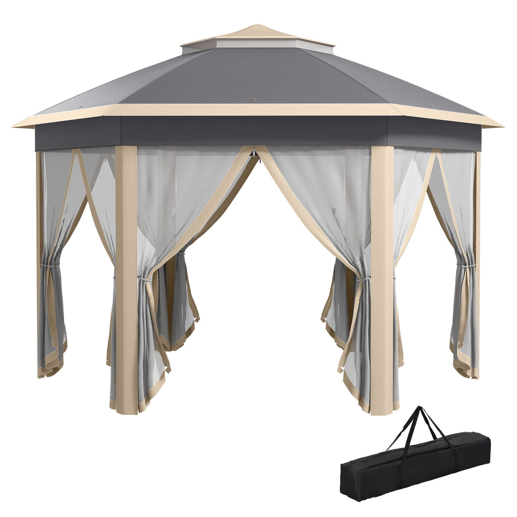 DodiOnline Hexagon Pop Up Gazebo Outdoor Patio Gazebo Double Roof Instant Shelter with Netting, 3 x 4m, Khaki