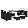 DodiOnline 8 Seater Rattan Cube Outdoor Furniture Set, Rattan Dining Set with Cushions, Outdoor Dining Table and Chairs with 4 Armchairs, 4 Stools, Square Glass Top Table, Black