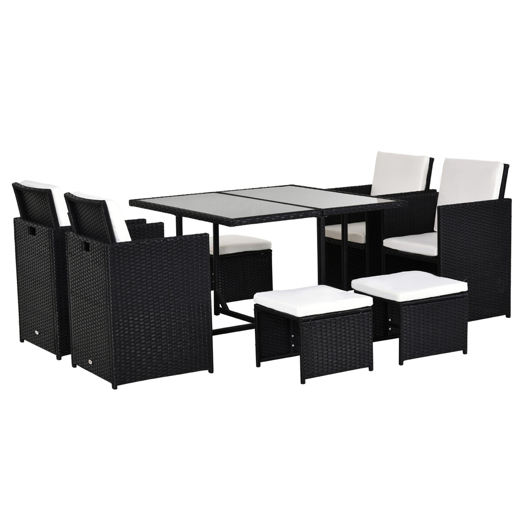 DodiOnline 8 Seater Rattan Cube Outdoor Furniture Set, Rattan Dining Set with Cushions, Outdoor Dining Table and Chairs with 4 Armchairs, 4 Stools, Square Glass Top Table, Black