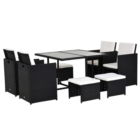DodiOnline 8 Seater Rattan Cube Outdoor Furniture Set, Rattan Dining Set with Cushions, Outdoor Dining Table and Chairs with 4 Armchairs, 4 Stools, Square Glass Top Table, Black