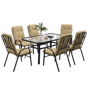 DodiOnline 7 Piece Garden Dining Set, Outdoor Dining Table and 6 Cushioned Armchairs, Tempered Glass Top Table w/ Umbrella Hole, Texteline Seats, Beige