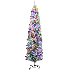 DodiOnline 7ft Snowy Artificial Christmas Tree, with Lights, Decorations and Pine Cones