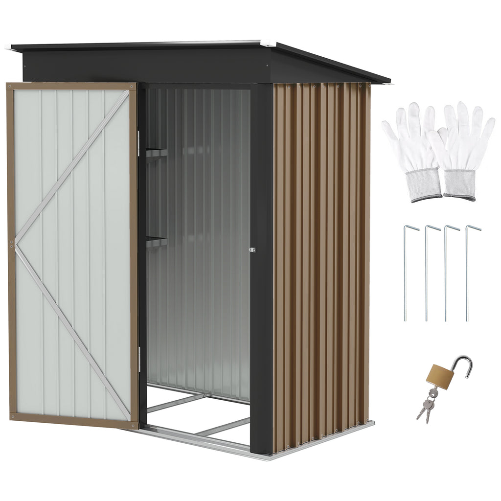 DodiOnline Metal Garden Shed, Outdoor Lean-to Shed for Tool Motor Bike, with Adjustable Shelf, Lock, Gloves, 5'x3'x6', Brown