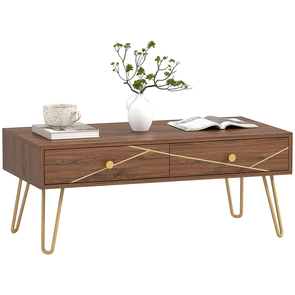DodiOnline Coffee Table with Storage, Living Room Table with Drawers, Rectangular Tea Table with Steel Base for Home, 100 x 50 x 41 cm, Brown