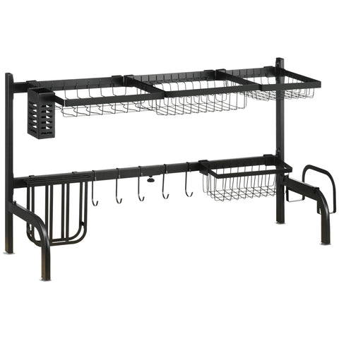 DodiOnline Space Saving 2 Tier Adjustable Dish Drainer Over The Sink Dish Drying Rack, Black