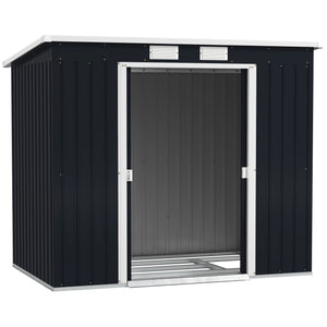 DodiOnline Outdoor Lean to Garden Metal Equipment Tool Storage Shed w/ Foundation Kit, Double Door, Vents and Sloped Roof, Dark Grey