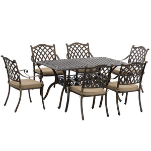 DodiOnline 7 PCs Garden Patio Dining Set with Parasol Hole, Cast Aluminium Outdoor Furniture Set with Six Cushioned Chairs and Rectangle Dining Table, for Garden, Lawn, Deck, Bronze Tone