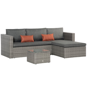 DodiOnline 3 Pieces Outdoor PE Rattan Sofa Set, Patio Wicker Conversation Chaise Lounge Furniture w/ Tempered Glass Table-top & Soft Padded Cushion for Garden, Backyard, Lawn, Grey