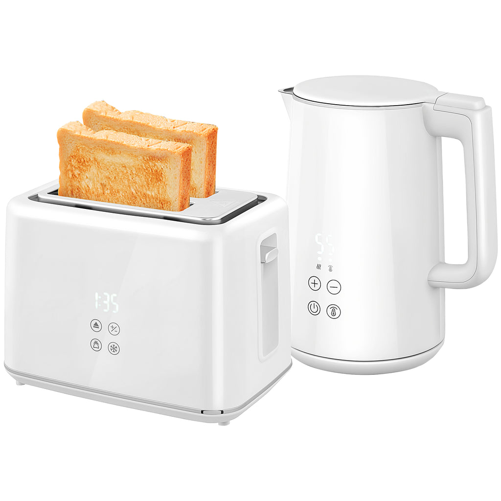 DodiOnline Kettle and Toaster Set, 1.5L 3000W Fast Boil Kettle with Insulation & 2 Slice Toaster Kitchen Set with 7 Level Browning Controls, Defrost, Reheat and Crumb Tray, Cream White