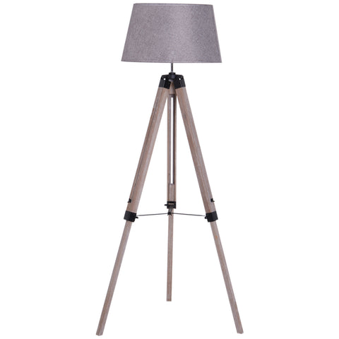 DodiOnline Tripod Floor Lamps for Living Room Bedroom, Modern Adjustable Standing Lamp with Wood Legs, Drum Fabric Shade, 99-143cm, Grey