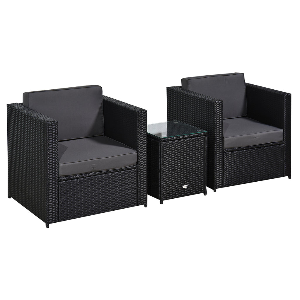 DodiOnline 3 Pieces Rattan Bistro Set, Wicker Outdoor Furniture Set with Glass Top Coffee Table and Chairs, Thickened Washable Cushions for Outdoor, Patio, Balcony, Black