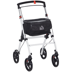 DodiOnline Folding Upright Rollator Walker with Lightweight Walking Frame, Storage Bag, Tray, Dual Brakes, Adjustable Handle Height, Mobility Aid Rolling 4 Wheeled Walker for Seniors, White