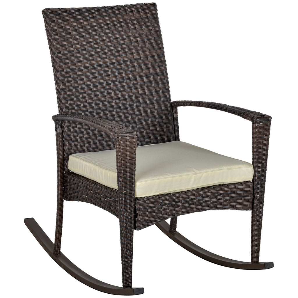DodiOnline Outdoor PE Rattan Rocking Chair, Garden Rocking Chair Set with Armrest and Cushion, Brown