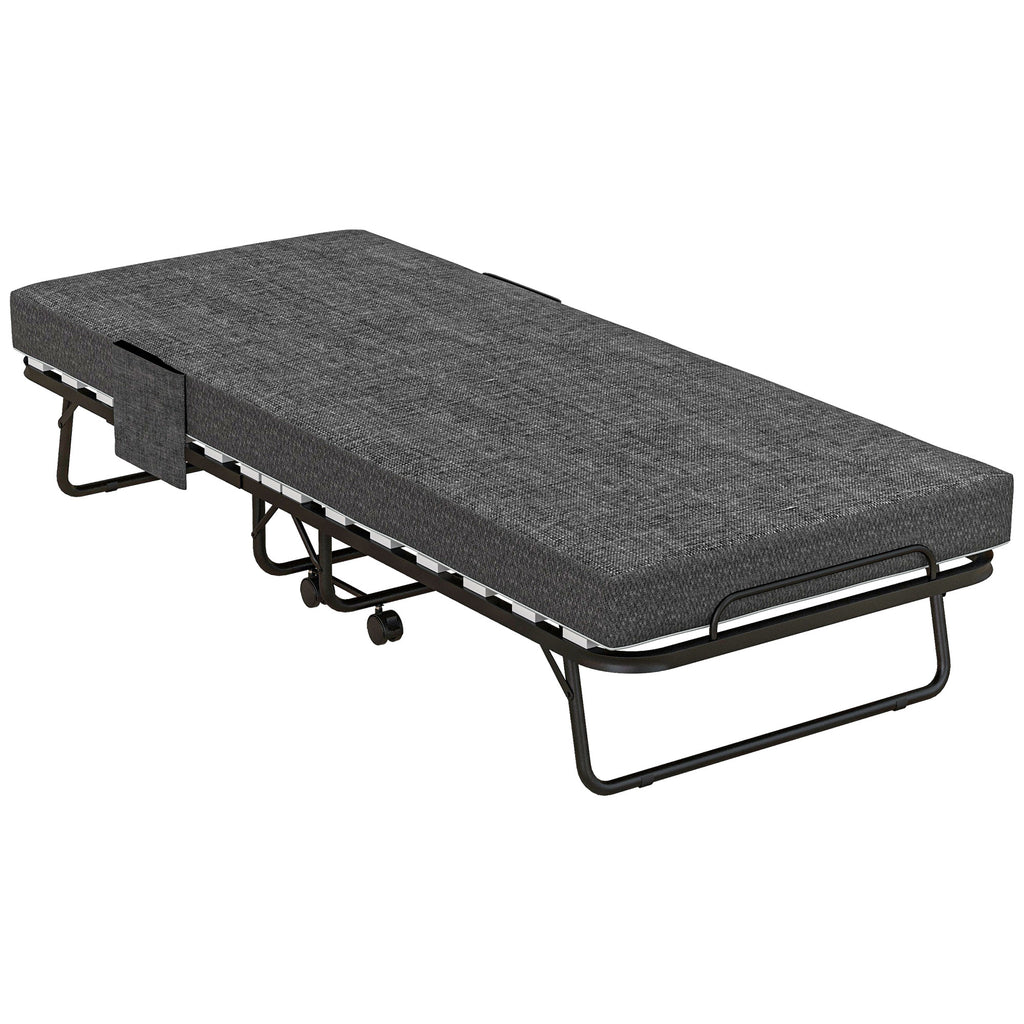 DodiOnline Single Steel Frame Folding Bed, with Wheels - Black/Grey