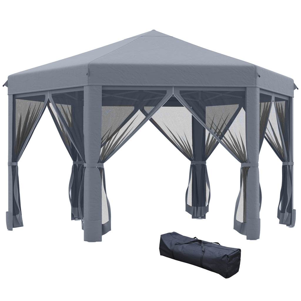 DodiOnline 3.8m x 3.2m Pop Up Gazebo Hexagonal Canopy Tent Outdoor Sun Protection with 6 Mesh Sidewalls, Hand Bag, Grey