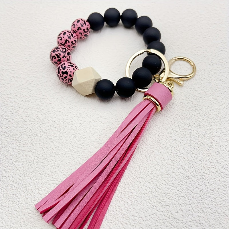 1pc Stylish Leopard Pattern Silicone Wooden Beaded Wristlet Keychain - Fashionable PU Leather Tassel Bag Charm, Phone Lanyard, Bangle Keychain for Women's Daily Use - Perfect Gift for Friends and Family