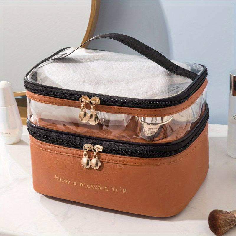Double-layer Cosmetic Bag Solid Color PU Transparent Wash Handbag Travel Portable Large-capacity Storage Bag