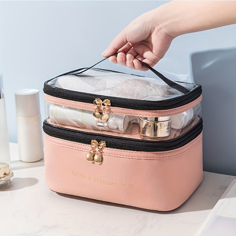 Double-layer Cosmetic Bag Solid Color PU Transparent Wash Handbag Travel Portable Large-capacity Storage Bag