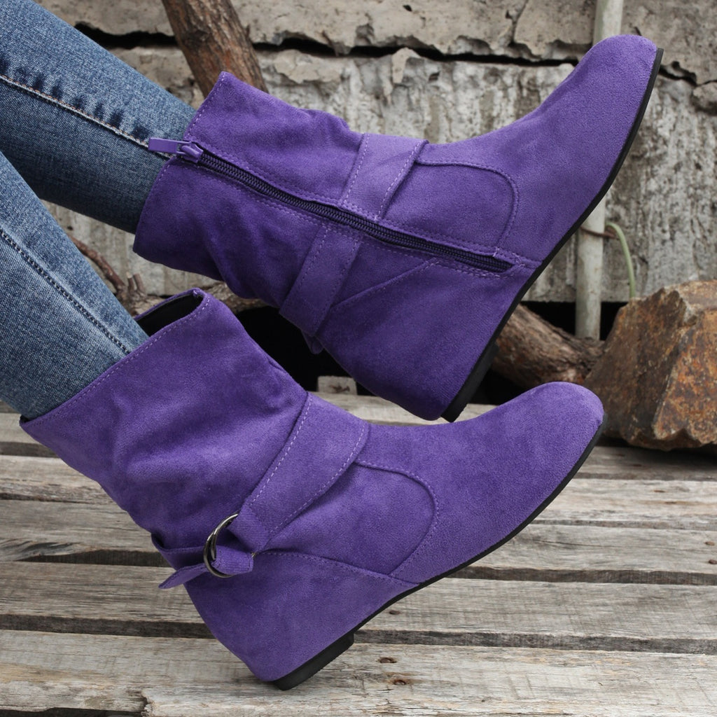 Womens Classic Solid Color Ankle Boots with Round-Toe Design - Fashion Buckle Belt & Side Zipper Closure - Ultra-Comfortable Outdoor Shoes for Stylish Adventures