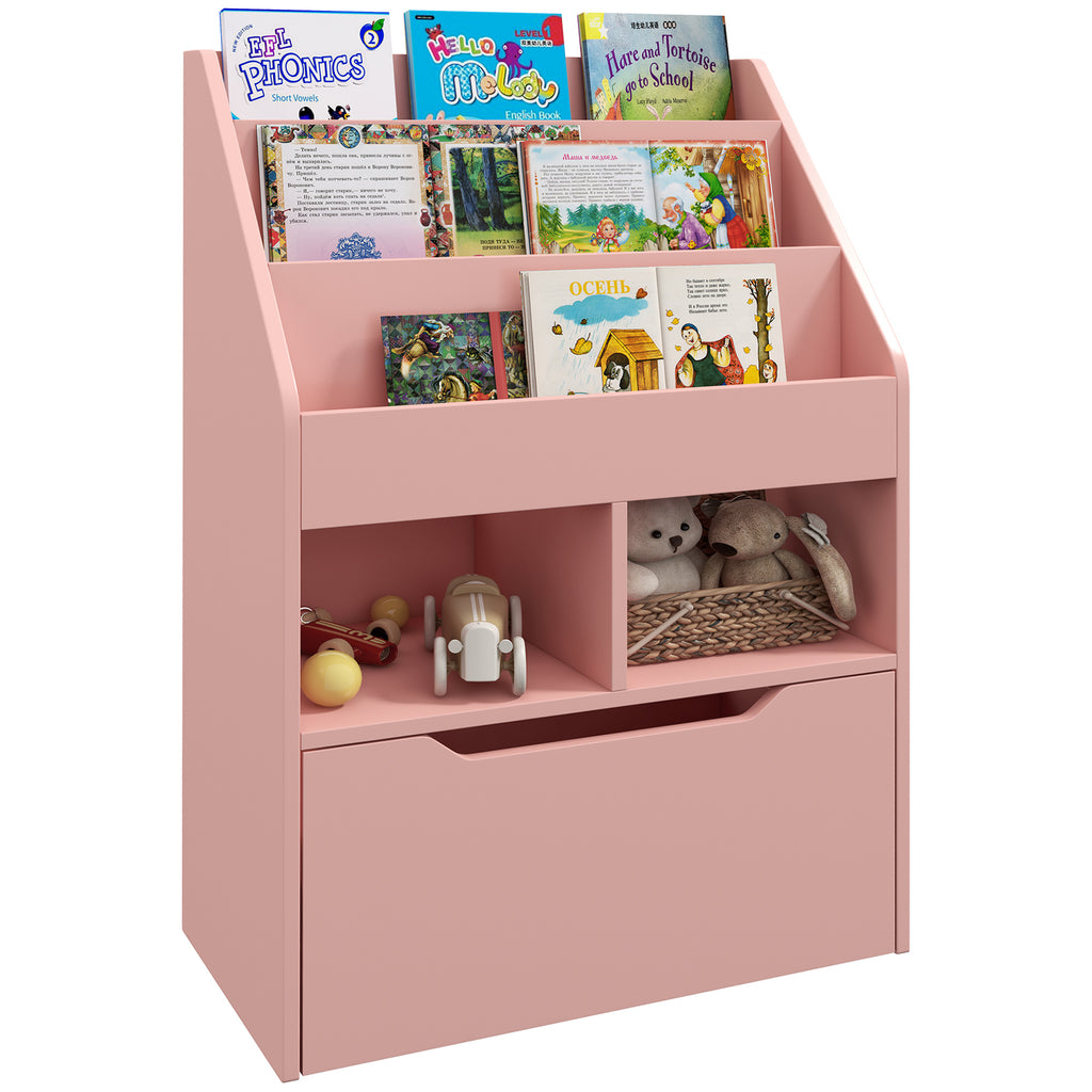 DodiOnline Kids Bookshelf, Toy Organiser, with Storage Drawer, Wheels - Pink