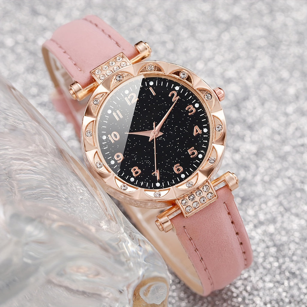 6pcs/set Women's Shiny Rhinestone Quartz Watch Analog PU Leather Wrist Watch & Butterfly Jewelry Set, Gift For Mom Her