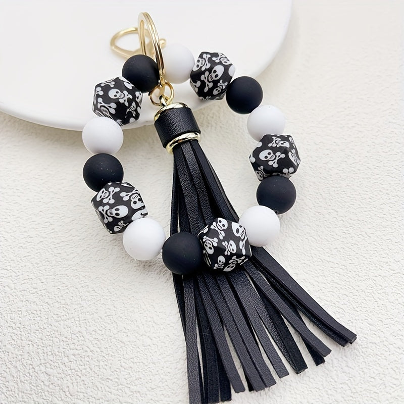 Silicone Beaded Wristlet Keychain With PU Leather Tassel Skull Flower Leopard Fashion Bag Charm Phone Lanyard Women daily use Gift