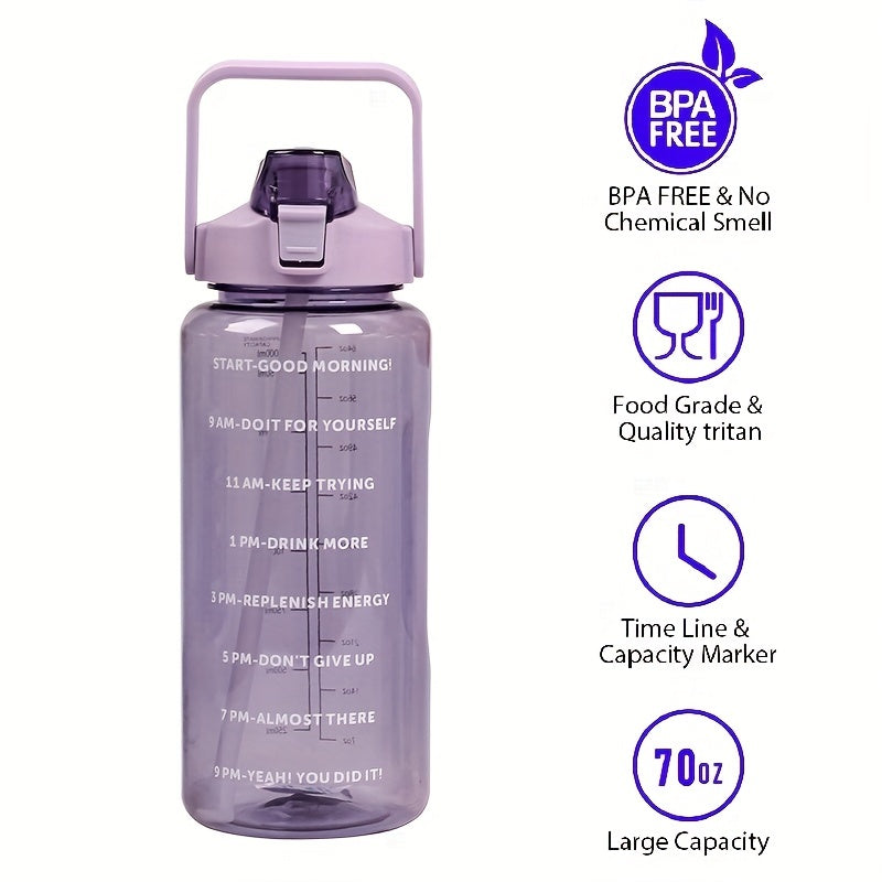 Sildurx 70oz (2L) Half-Gallon Water Bottle with Sleeve - Leakproof, BPA-Free Tritan, Built-in Straw & Time Stamp, Thermos with Handle, Motivational Design, for Gym, Travel, Office, School - Ideal Gift for Men & Women, Daily H