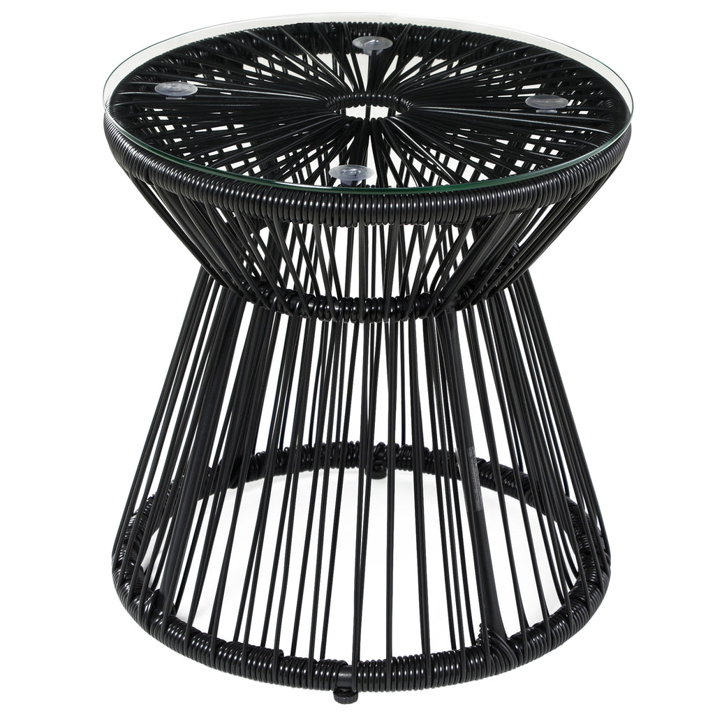 DodiOnline Round End Table, Rattan Side Table, Hollow Drum Design Coffee Table w/ Glass Tabletop for Patio, Garden, Balcony Black