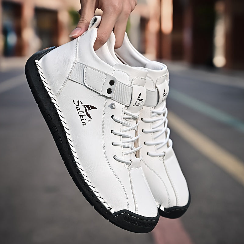 PLUS SIZE Men's Stitching Ankle Boots With Microfiber Leather Uppers, Breathable Wear-resistant Non Slip Lace-up Shoes For Men's Outdoor Activities, Spring And Autumn