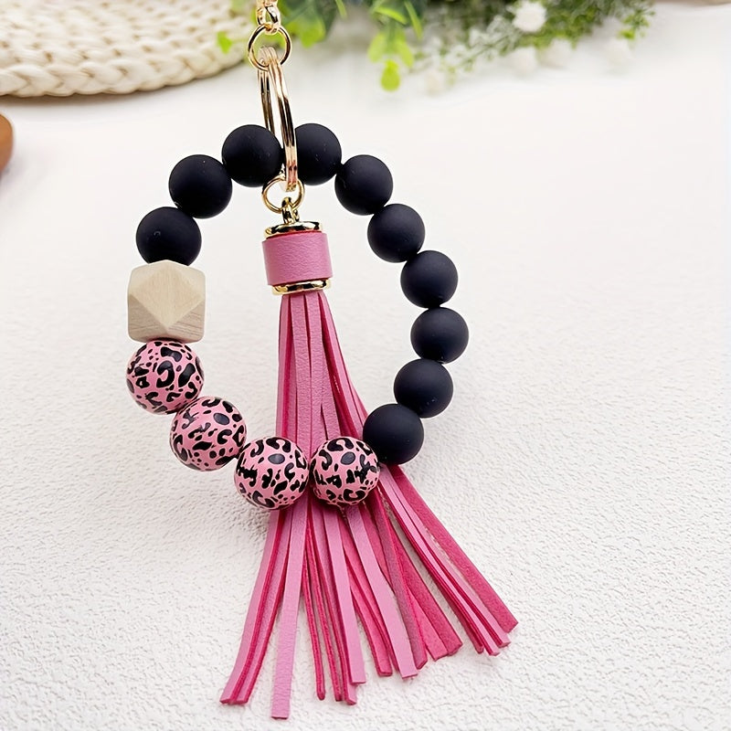1pc Stylish Leopard Pattern Silicone Wooden Beaded Wristlet Keychain - Fashionable PU Leather Tassel Bag Charm, Phone Lanyard, Bangle Keychain for Women's Daily Use - Perfect Gift for Friends and Family