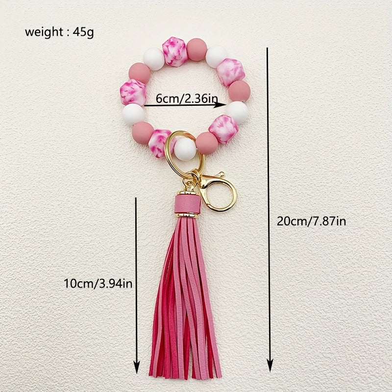 Silicone Beaded Wristlet Keychain With PU Leather Tassel Skull Flower Leopard Fashion Bag Charm Phone Lanyard Women daily use Gift