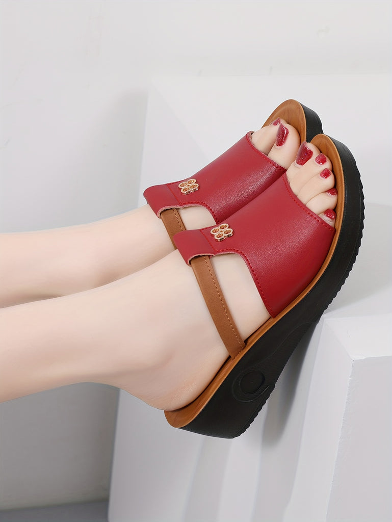 Women's Slip-Resistant Chunky Platform Mules - Slip-Resistant Thick Platform with Ankle Strap & Arch, Glossy Black Faux Cover Upper & Cushioned Insole - Casual to Formal Shoes for Casual Attire, Office, Semi-Formal Events - C