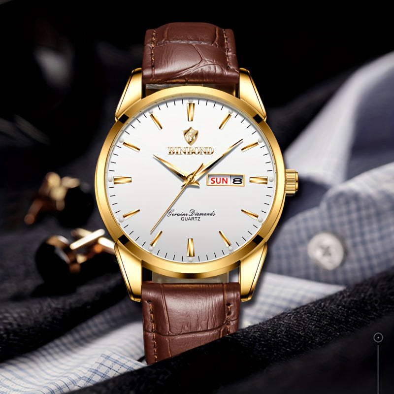 BINBOND Men's Fashion Quartz Watch, Casual Style, Round Alloy Case, Non-Waterproof, with Genuine Leather Strap, Date/Calendar Feature, Electronic Drive, Double Calendar, Waterproof, BINBOND