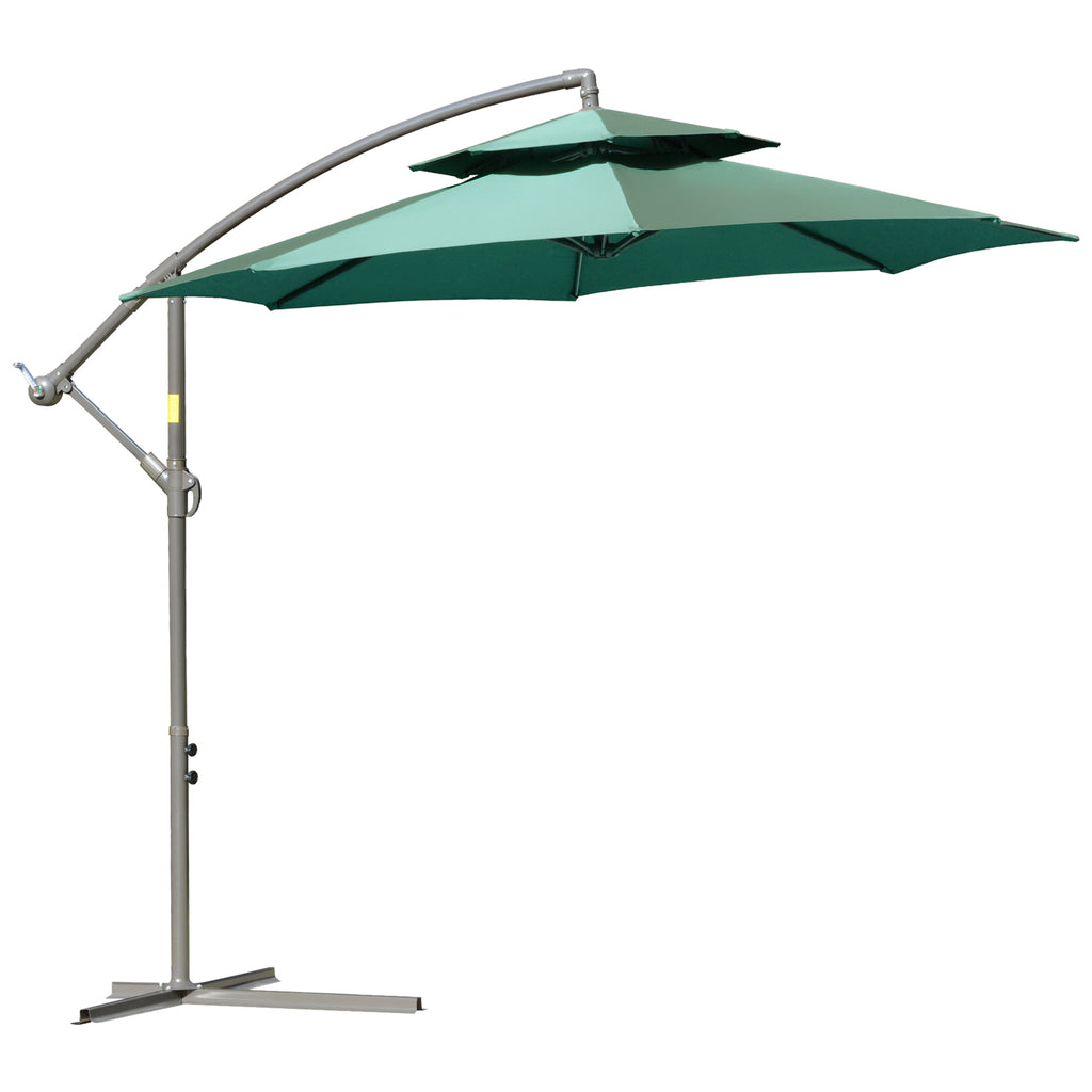 DodiOnline 2.7m Banana Parasol Cantilever Umbrella with Crank Handle, Double Tier Canopy and Cross Base for Outdoor, Hanging Sun Shade, Green