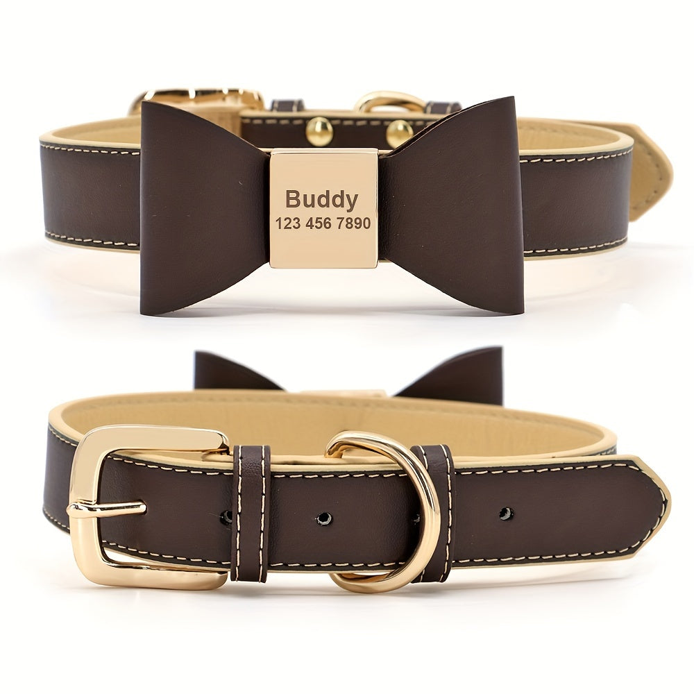 For Small Medium Dogs Cats, Free Engraved PU Leather Personalized Dog Collar with Bowknot, Customized Pet ID Name Collar