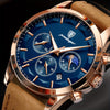 Men's Stylish Rose Golden Quartz Watch with Blue Dial, Waterproof, Genuine Leather Strap & Stainless Steel Case - Multifunctional Chronograph with Calendar Feature, Perfect for Casual Wear, Everyday Timepiece | Stylish Leathe