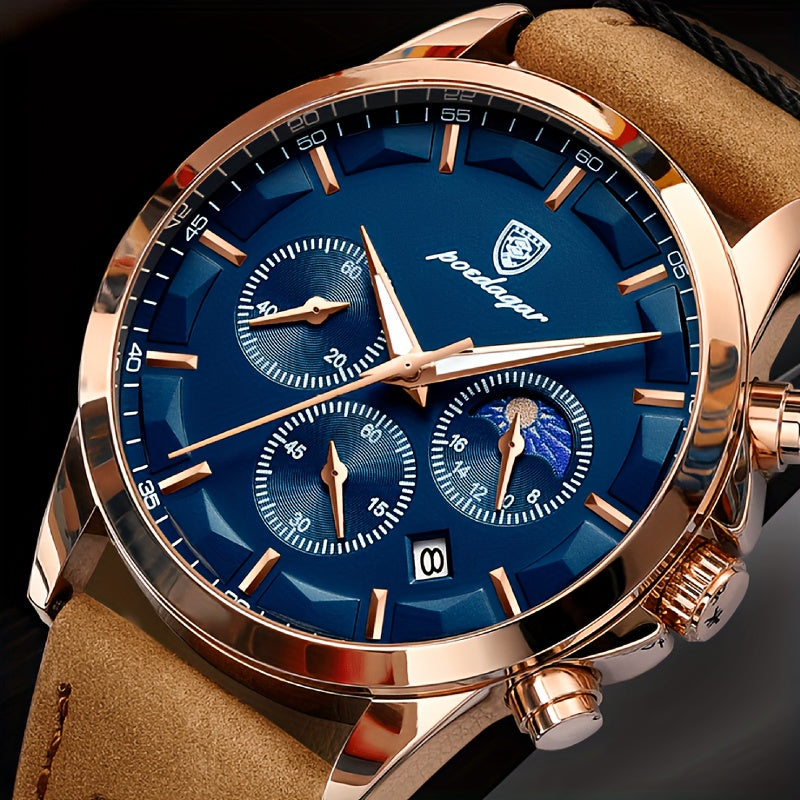 Men's Stylish Rose Golden Quartz Watch with Blue Dial, Waterproof, Genuine Leather Strap & Stainless Steel Case - Multifunctional Chronograph with Calendar Feature, Perfect for Casual Wear, Everyday Timepiece | Stylish Leathe