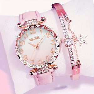2pcs/set Women's Rhinestone Pink Gradient Quartz Watch Analog PU Leather Wrist Watch & Star Bangle, Gift For Mom Her