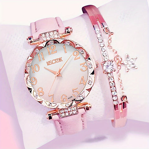 2pcs/set Women's Rhinestone Pink Gradient Quartz Watch Analog PU Leather Wrist Watch & Star Bangle, Gift For Mom Her