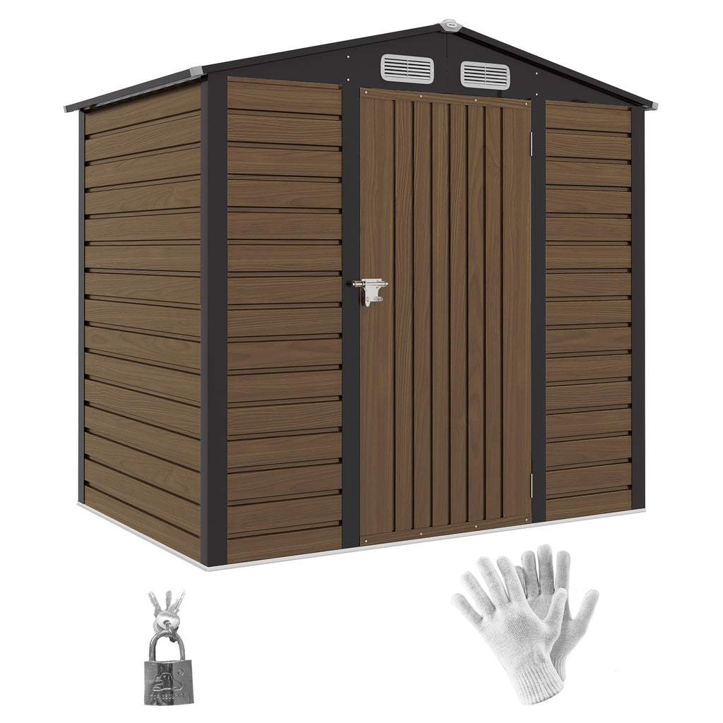 DodiOnline 4 x 6ft Galvanised Steel Garden Shed, with Lock and Gloves - Oak