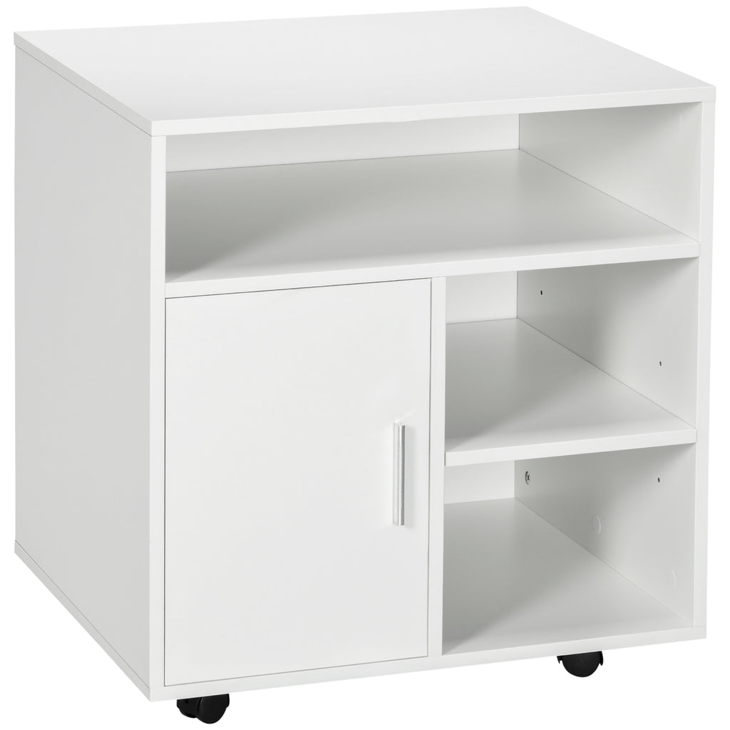 DodiOnline Multi-Storage Printer Stand Unit Office Desk Side Mobile Storage w/ Wheels Modern Style 60L x 50W x 65.5H cm - White