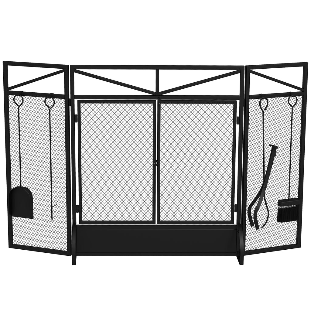 DodiOnline 3 Panel Folding Fire Guard Screen with Fireplace Tool Sets and Front Doors, Freestanding Fire Screen Spark Guard with Feet for Open Fire, Log Burner, Fireplace, 122 x77 cm, Black