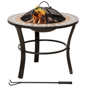 DodiOnline 60cm Outdoor Fire Pit Table with Mosaic Outer, Round Firepit with Spark Screen Cover, Fire Poker for Garden Bonfire Party